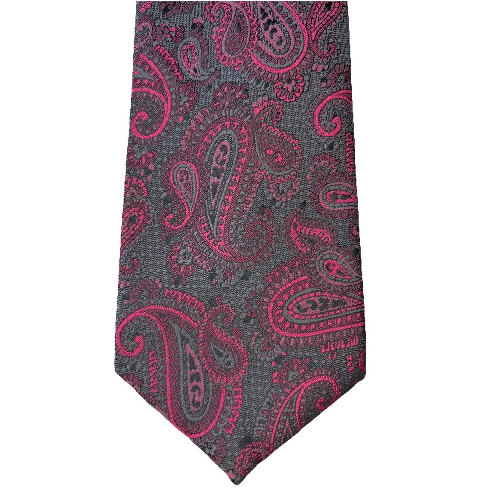 Vintage Paisley Tie Fushia & Black, Botany 500, Poly Silk Blend, 3.25W X 55L